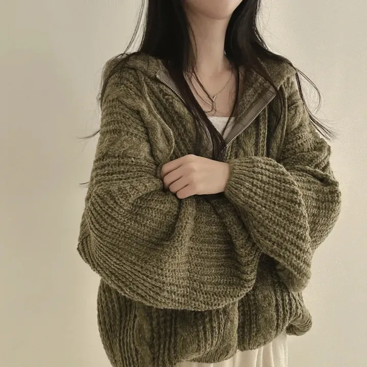 Ladies Loose Lazy Sle Retro Twist Knitted Hat Sweater Coat Korean Version Autumn Winter Top Warmth Emitting Short Length Zi...