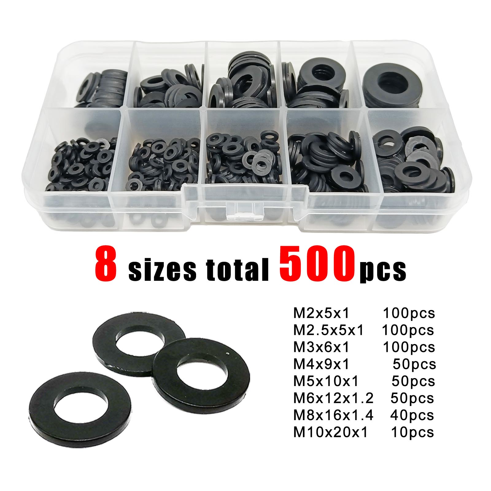 1150/700/500 Stück verpackte flache Unterlegscheibe aus Kunststoff und Nylon, einfacher Abstandshalter, Isolierdichtungsring, Sortimentsset, M2, M2,5, M3, M4, M5, M6, M8, M10