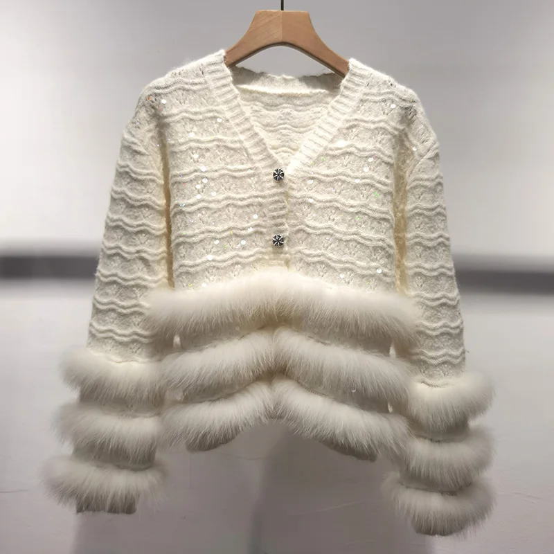 2024 neues Design Herbst gestrickte Strickjacken mit echtem Fuchs pelz Streifen V-Ausschnitt Echtpelz besatz Pullover