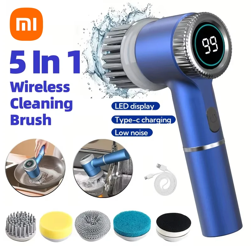 Xiaomi Elektrische Reinigungsbürste, multifunktional, für Küche, Badezimmer, Toilette, tragbar, leistungsstarke Reinigungsbürste, 5 Bürstenköpfe, LED-Anzeige