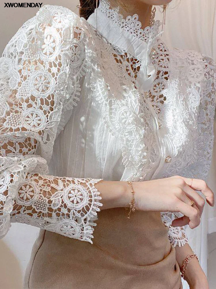 Camisa feminina de chiffon com gola alta chique elegante floral de renda fofa blusa longa de manga comprida oca grande 2024
