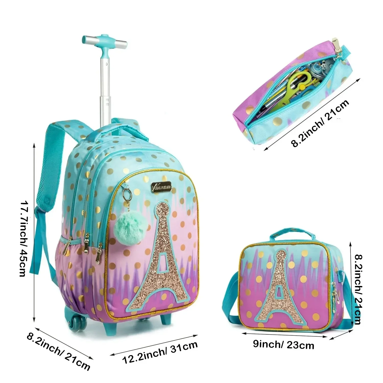 Mochila escolar infantil com rodas, bolsa escolar com rodas para adolescentes, mochila de lona para meninas, bagagem de viagem, carrinho