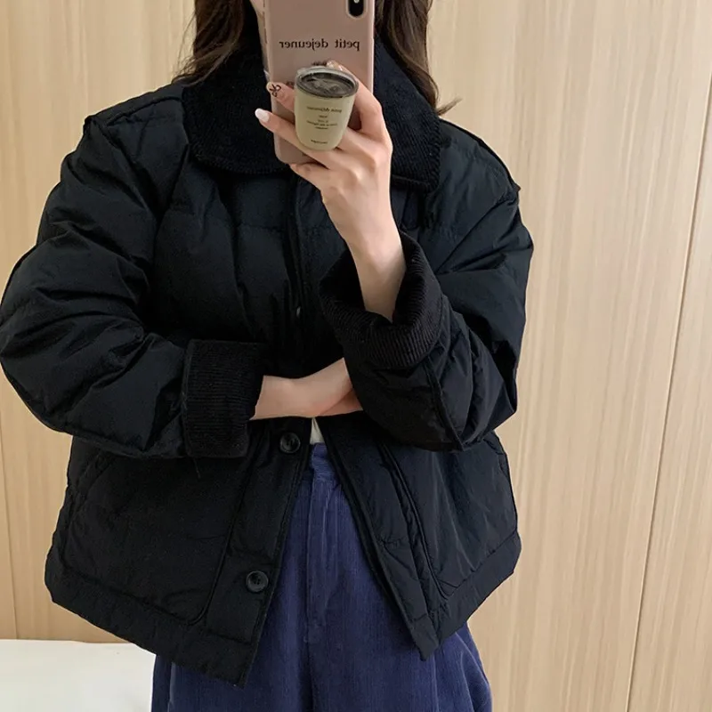 Jaqueta chique com retalho cortado para mulheres, jaqueta acolchoada de algodão, casaco leve com bolso, manga longa, casacos quentes, outono e inverno