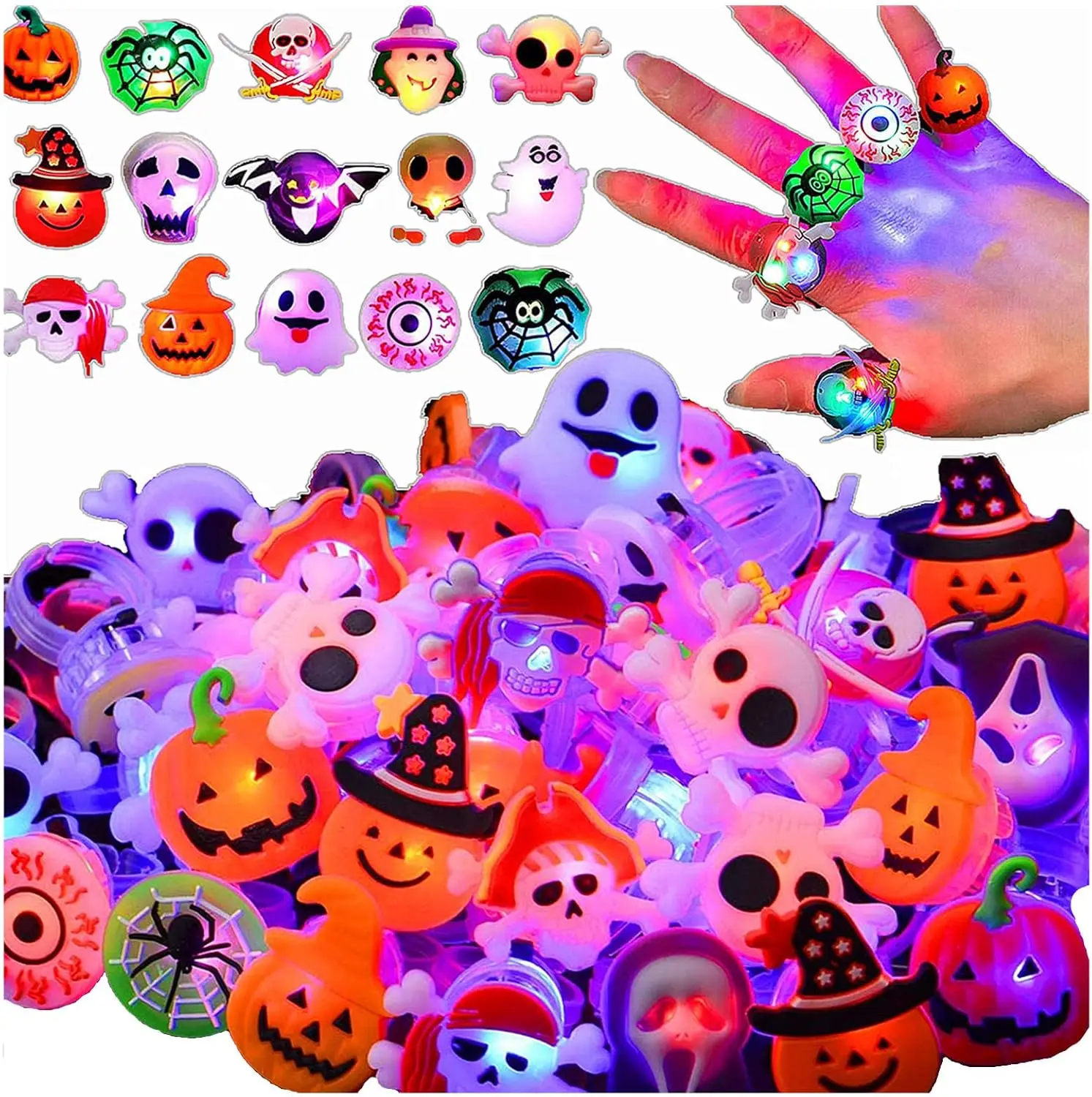 Anillos con luz LED para Halloween, juguetes de terror, calabaza, fantasma, araña, anillos para dedo brillantes para niños, suministros para fiestas, regalo de fiesta, 20/50 Uds.