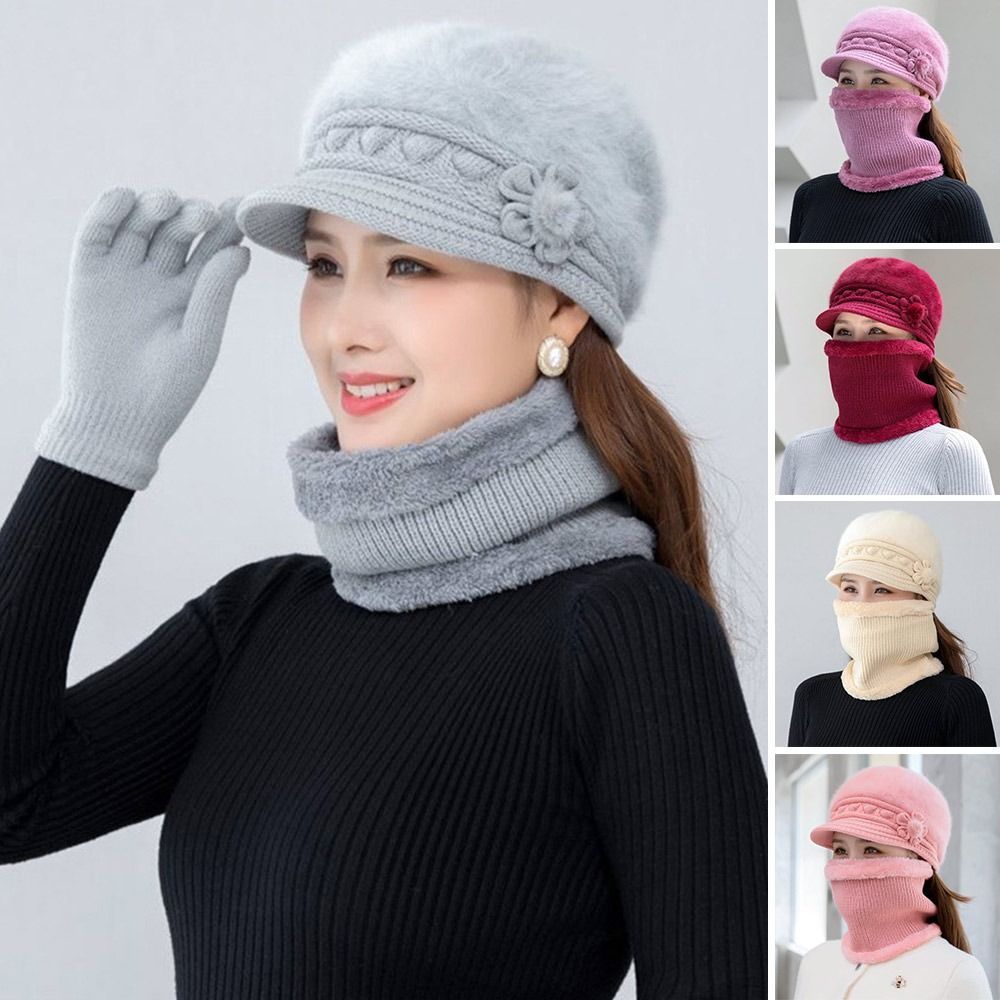 Gorro de punto cálido para mujer, protección para el cuello, bufanda a prueba de viento, conjunto de guantes para exteriores, gorro de felpa, 3 piezas por juego