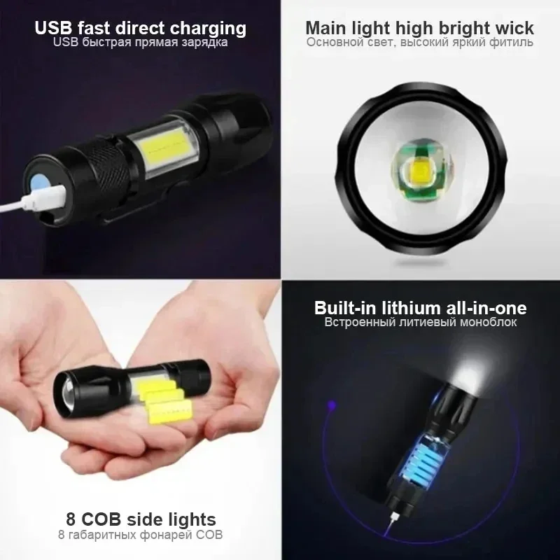 USB wiederaufladbare Mini-Taschenlampen, 3-Modus-Laterne, COB + XPE, tragbar, eingebauter Akku, zoombare kleine Taschenlampe, Camping-Notfalllampe