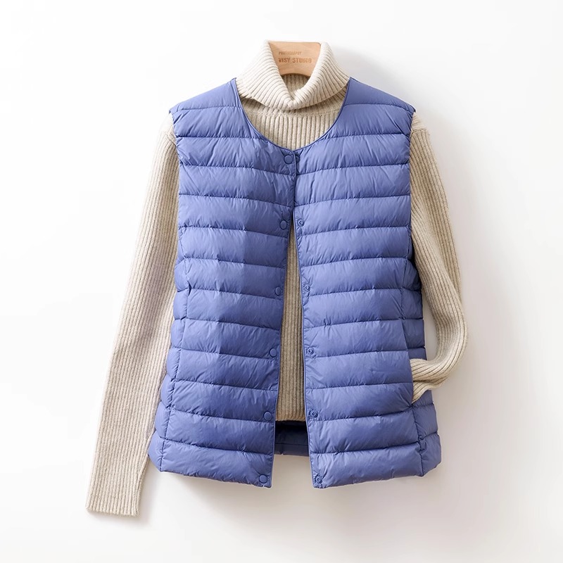 Nieuw kraagloos donsvest voor dames V-hals Lichtgewicht donsjack Herfst en winter Warme jas Vest Ronde halsjas