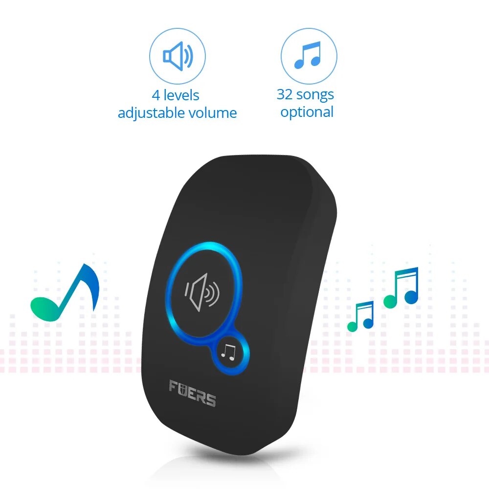 Timbre inalámbrico Fuers, alcance de 1000 pies, suficientemente fuerte con 4 niveles de volumen, campanas de bienvenida para puerta, LED intermitente, 2 receptores y 2 botones