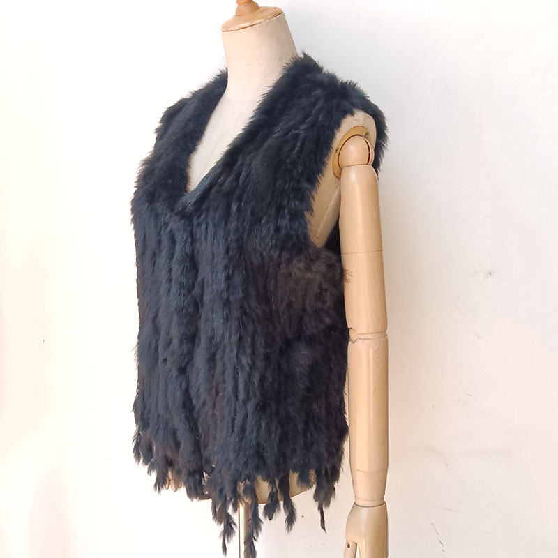 ニットリアルウサギの毛皮ベストタッセルカジュアルな女性秋リアルファー Gelit レディースノースリーブリアルファーコート梨花