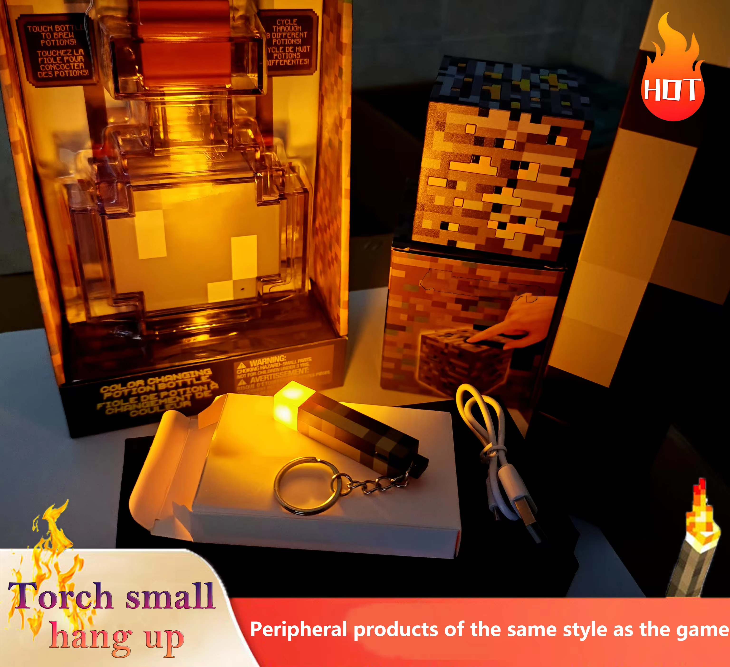 MC Game Mini Torch Flashlight LED Light USB Rechargeable Torch Keychain Backpack Pendant Gifts Miniature ornament