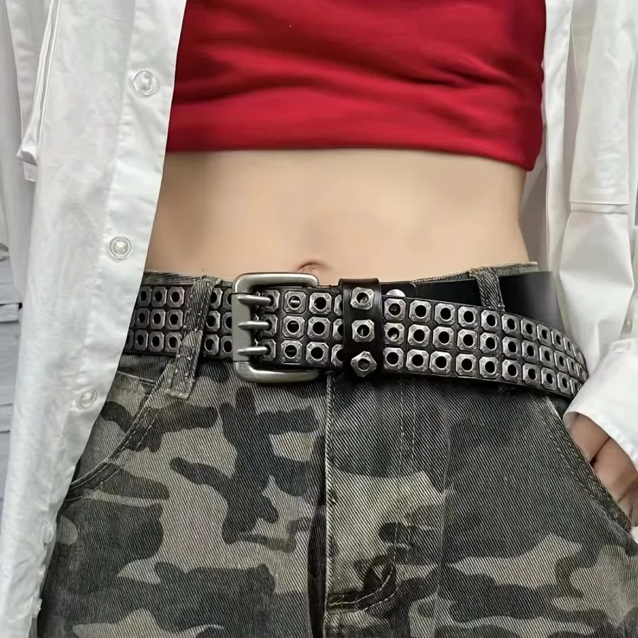 Ceinture pour femmes, perles carrées à la mode, clous en saule, trois yeux d'échappement, Punk Street Cool, ceintures personnalisées pour hommes et femmes