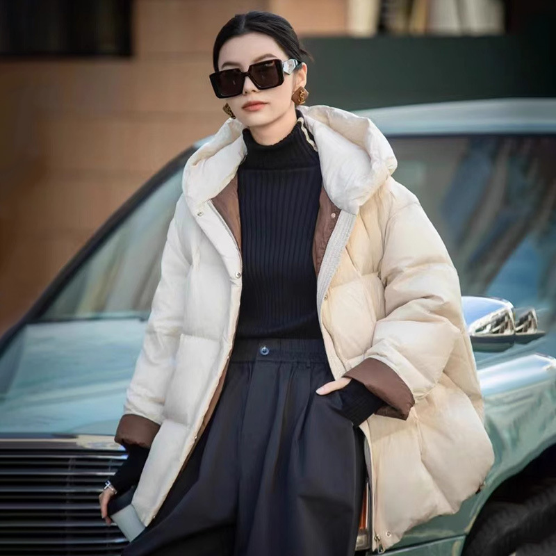 Roupas de inverno para mulheres moda cor colisão engrossado quente puffer jaqueta casual solto com capuz pato branco para baixo jaqueta