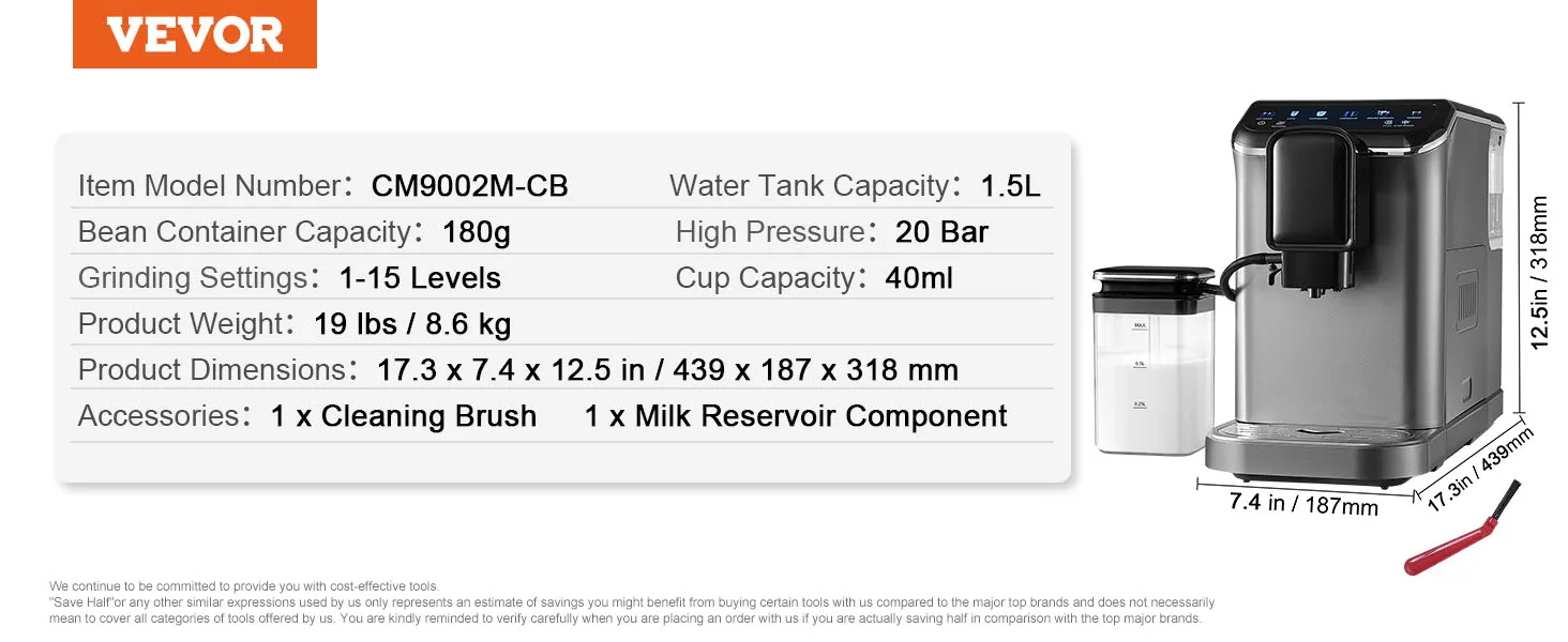 VEVOR Automatic Espresso Machine Coffee Latte Machine with Color Touch Screen 15 Grinding Levels and Removable Milk Reservoir