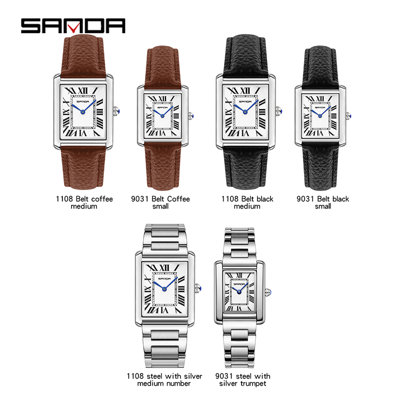Relógio quartzo impermeável para homens e mulheres, relógio casual Sanda Couple, pulseira de couro, mostrador quadrado Design, resistente ao desgaste, moda, 2024