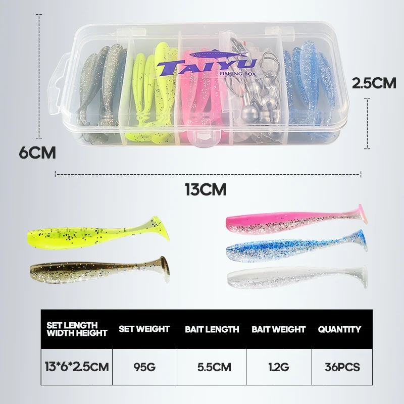 TAIYU 36 stks/set Hoge Kwaliteit 5 Kleuren Zachte T-staart Vissen Lokt Kit Met Lood Hoofd Haken Outdoor Kunstmatige bionische Aas Met Doos