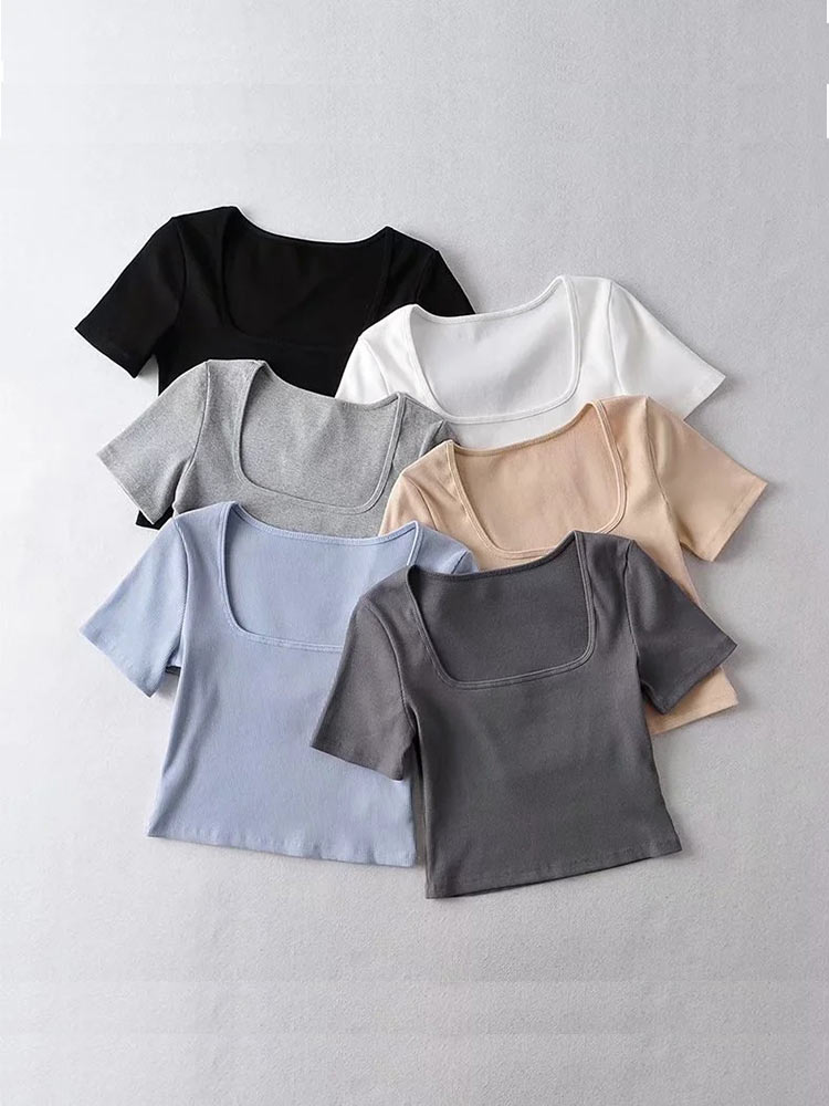 Vrouwen Rib Crop T-Shirt Korte Mouw Crop Top Met Vierkante Hals