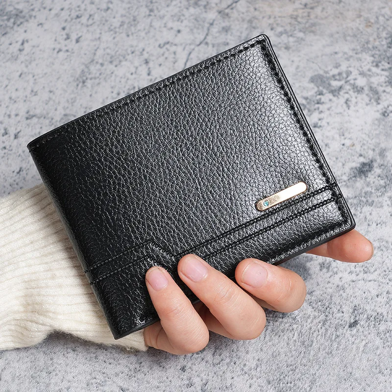 Cartera corta de cuero Pu para hombre, cartera de cuero suave con patrón de lichi informal de negocios, tarjetero de gran capacidad con múltiples tarjetas
