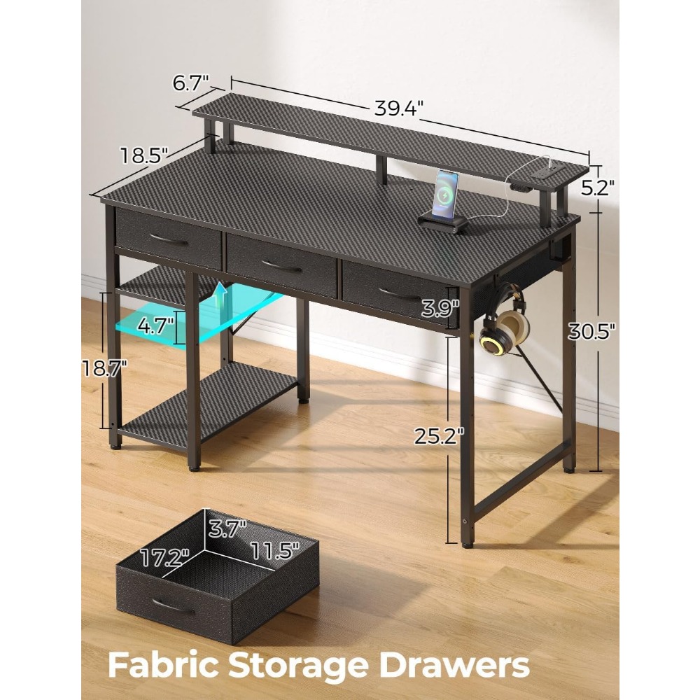 Computer Desk with Power Outlets & LED Light, 39 inch Home Office Desk with 3 Drawers and Storage Shelves, Writing Desk