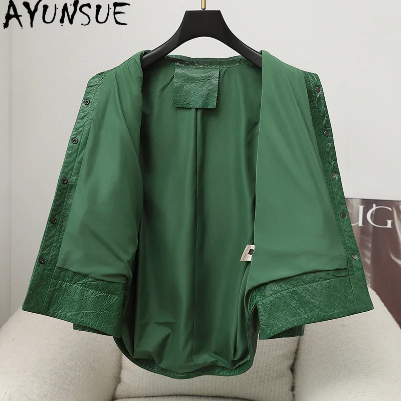 Ayuntsue แจ็กเก็ตหนังแกะเคลือบแว็กซ์น้ำมันแท้สำหรับผู้หญิงแจ็กเก็ตสีเขียววินเทจแฟชั่นฤดูใบไม้ร่วงเสื้อผ้า2024