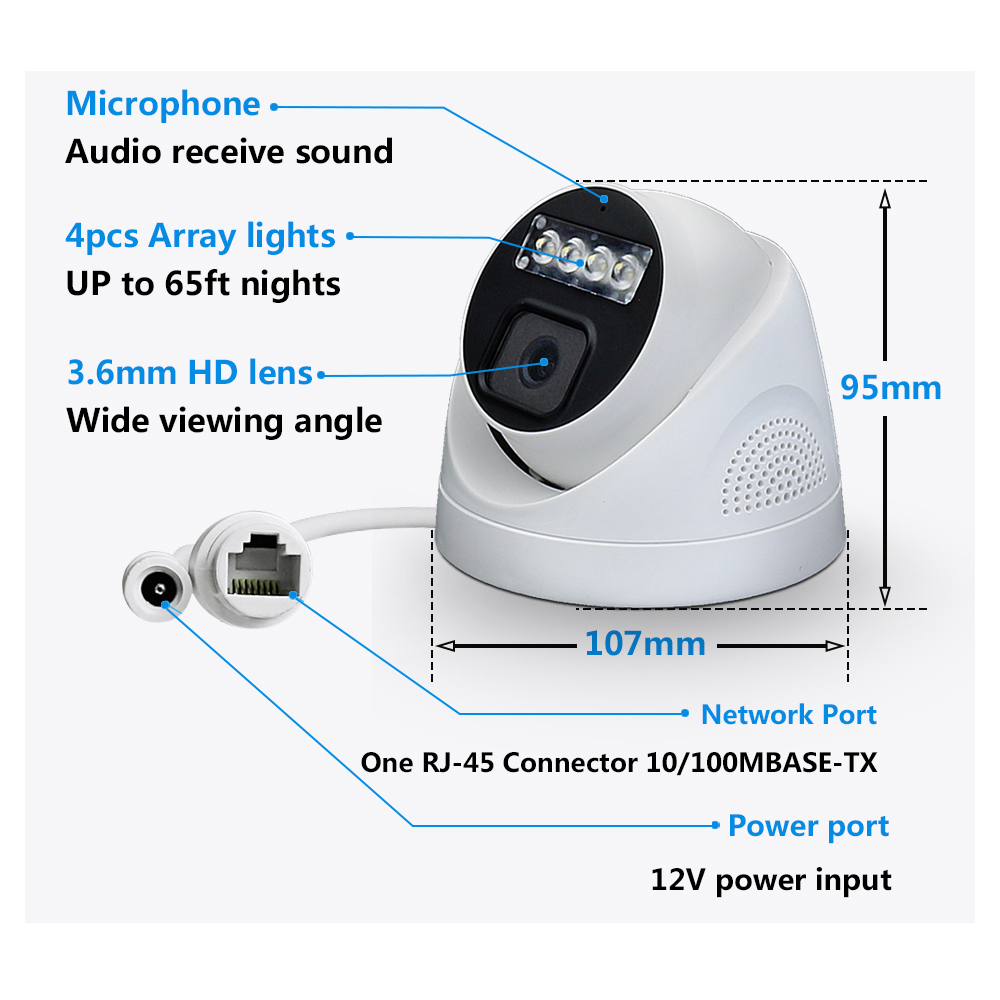 Câmera de vigilância de segurança CCTV, 4K, 8MP, POE, IP, áudio, H.265, POE, não, ONVIF, grande angular, 2,8mm, AI Color, visão noturna, vigilância por vídeo