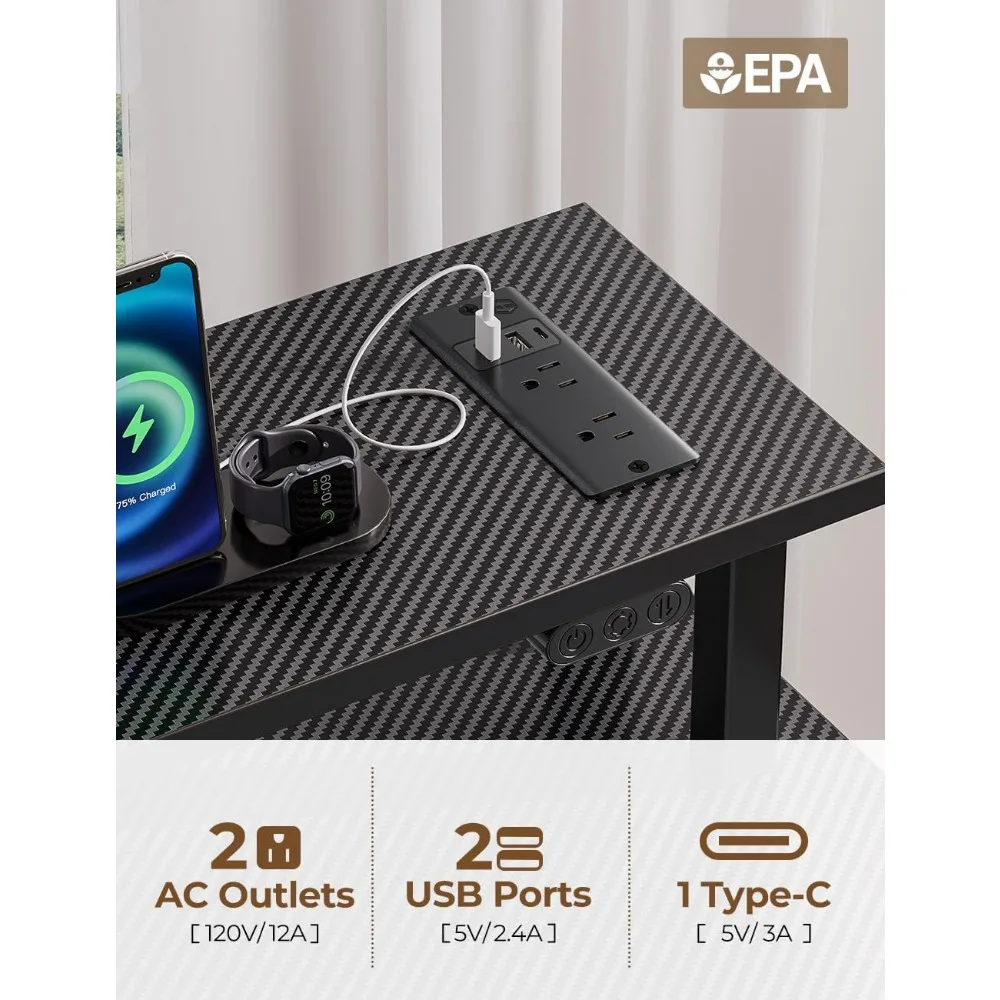 Computer Desk with Power Outlets & LED Light, 39 inch Home Office Desk with 3 Drawers and Storage Shelves, Writing Desk
