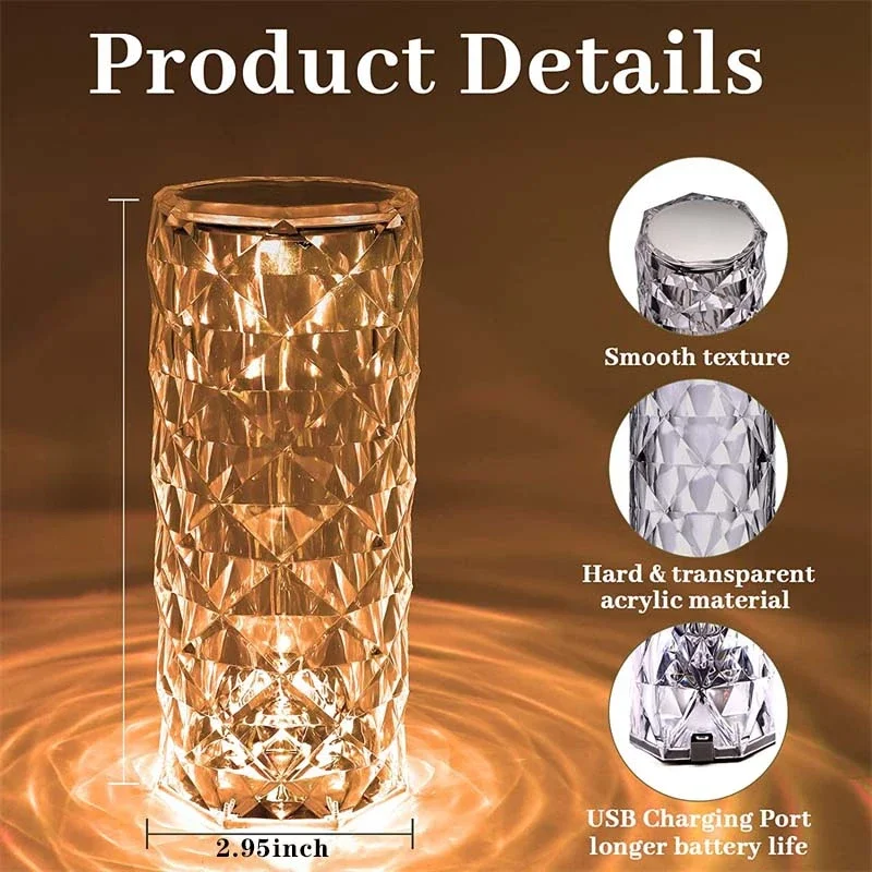Lámpara de mesa de cristal LED de 3/16 colores, lámpara de noche romántica de rosa táctil recargable, lámpara de noche para dormitorio, decoración para sala de estar y Bar