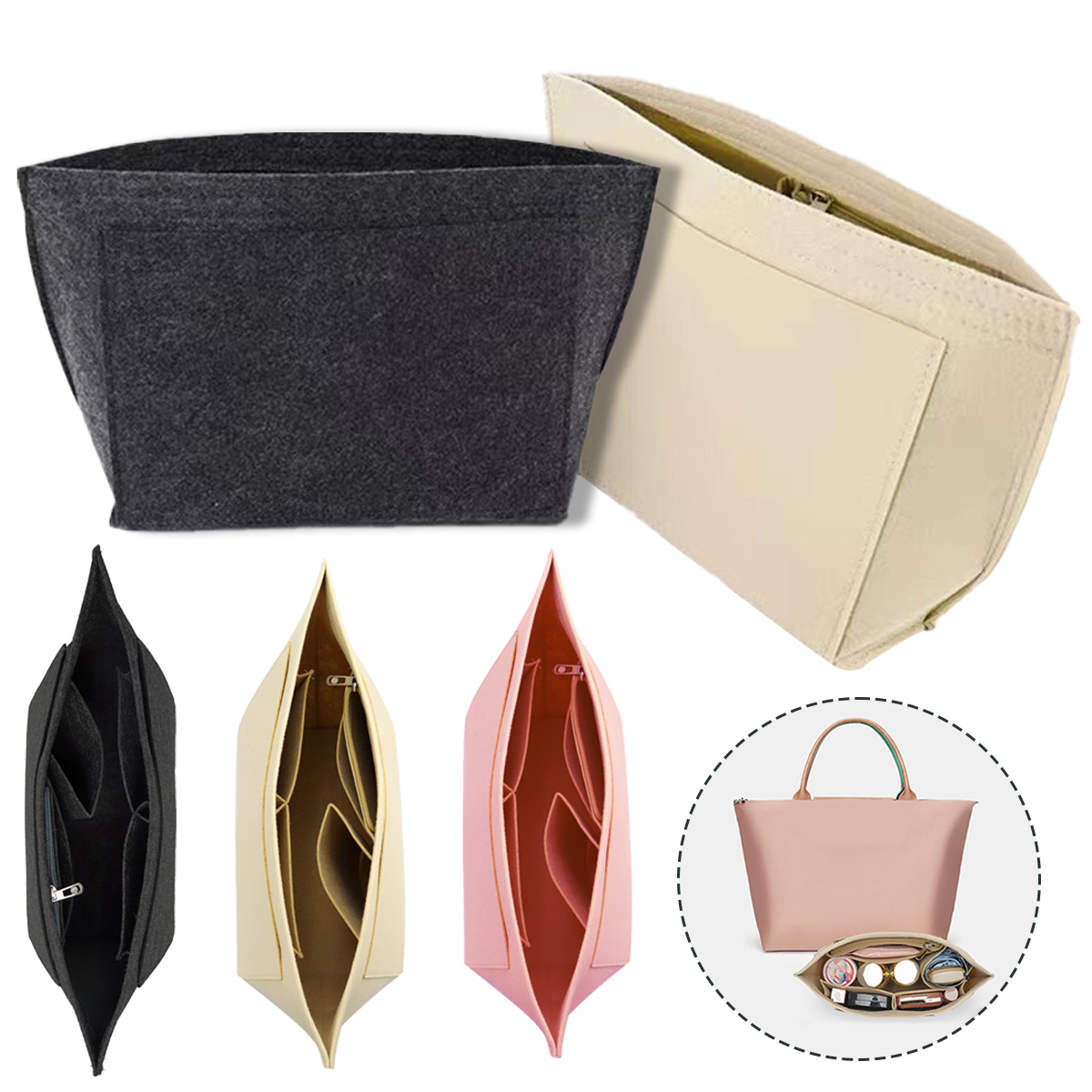 La borsa in feltro foderata con inserto si adatta alla borsa per cosmetici di stoccaggio foderata con supporto LongChamp Tote