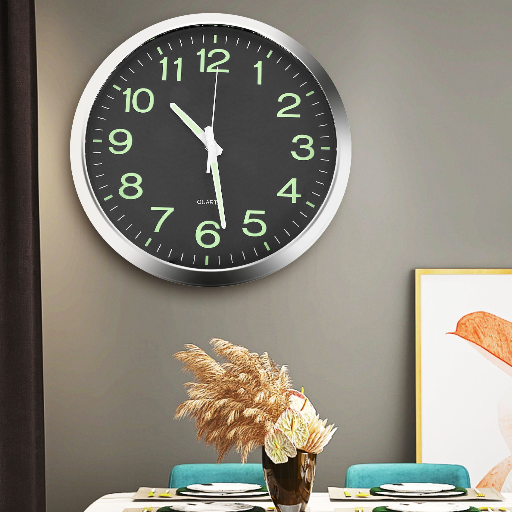 12 Inch Round Large Luminous Wall Clock Glow in the Dark Non-Ticking Indoor Decor -Silver