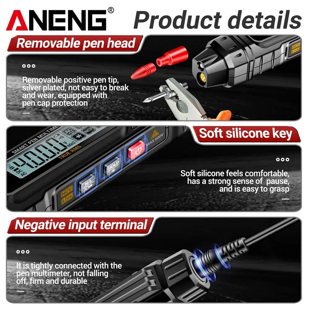 ANENG A3005 Multimetro digitale tipo penna tascabile 4000 conteggi LCD / Cavo di prova schermo anti display senza batteria Vero RMS Nero
