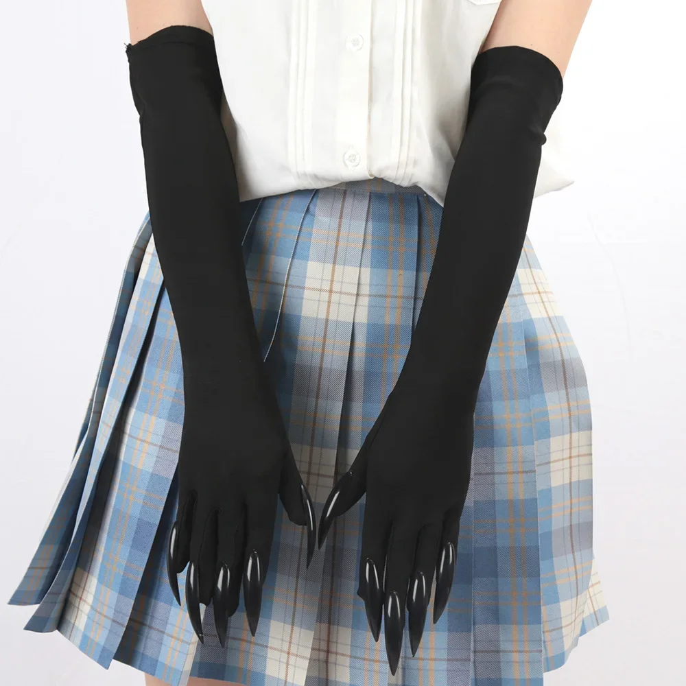 แต่งหน้าฮาโลวีนแม่มดเล็บสีดํา Ghost Cat Demon Paw ถุงมือคอสเพลย์สีดํายืดหยุ่นซาติน Stage Performance ผู้หญิงยาว Mittens
