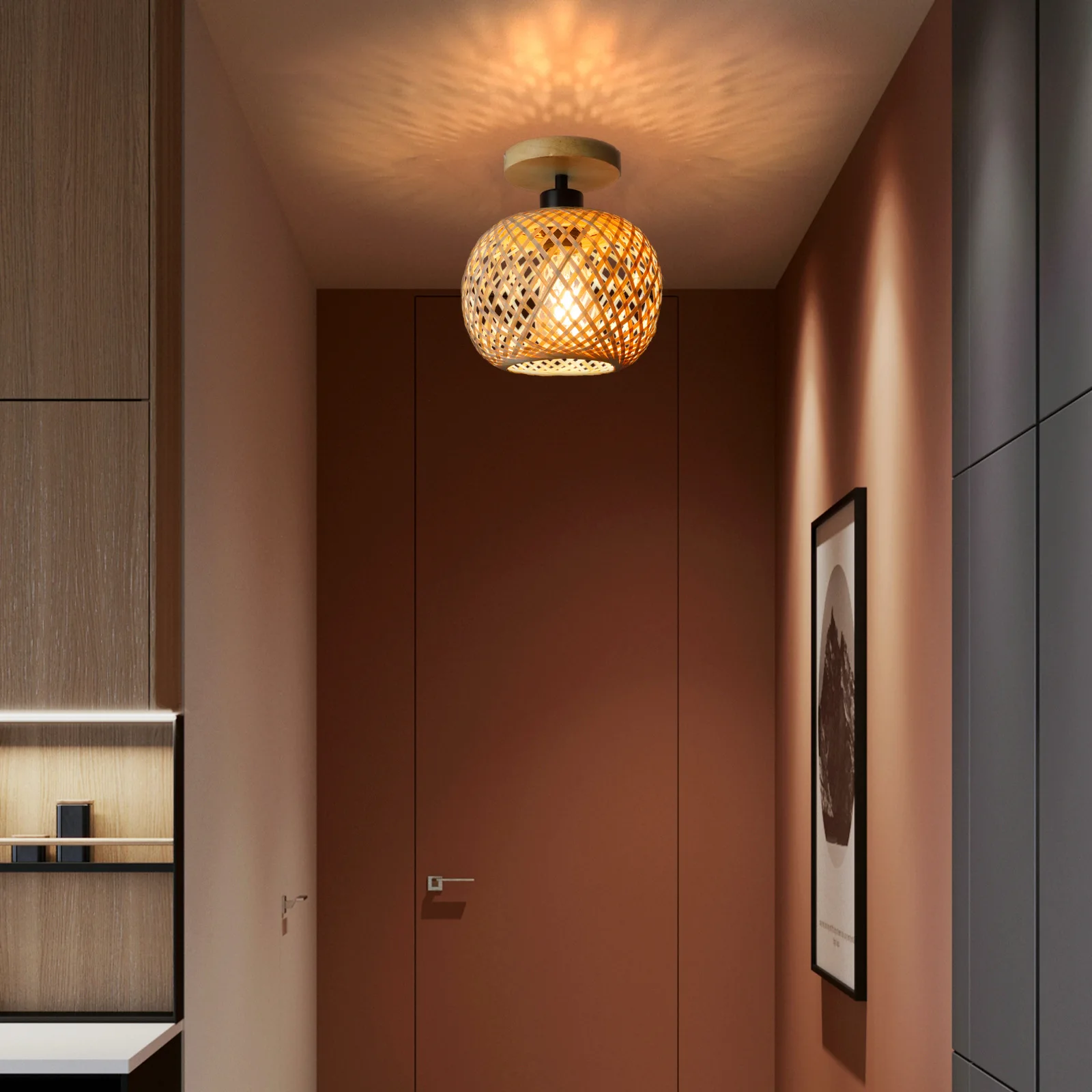 Retro led bambu tecido lâmpada do teto corredor sala de estar luz teto e27 lâmpadas tecidas luminárias decorativas