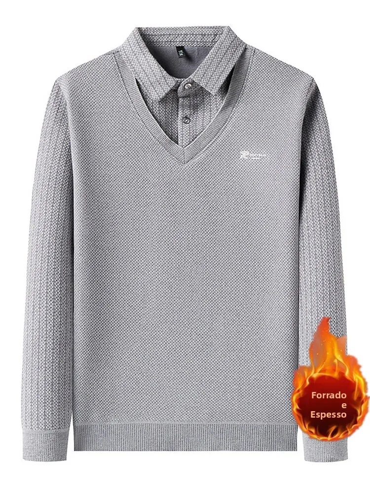 Suéter Masculino de Inverno com Forro de Fce Espo, Estilo Casual, Csa Base Quente, Estilo Pai, Ajuste Regular, Manga...