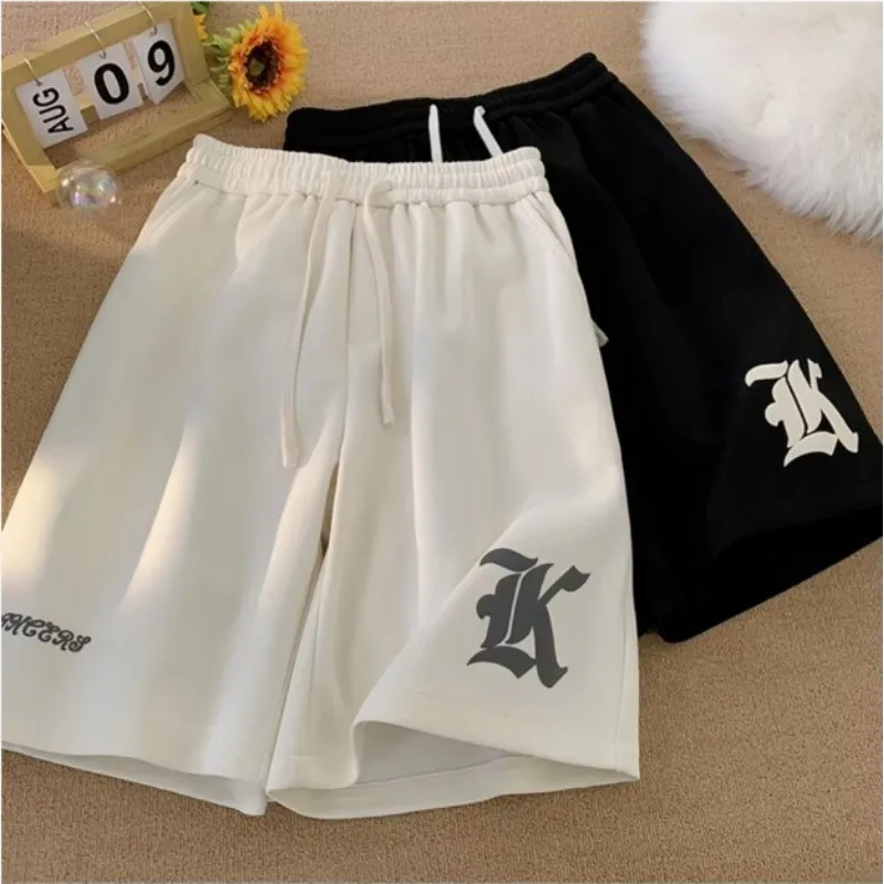 8xl oversized solto shorts masculino americano retro gótico alfabeto impressão japonês estilo samurai casual esportes calças de praia shorts
