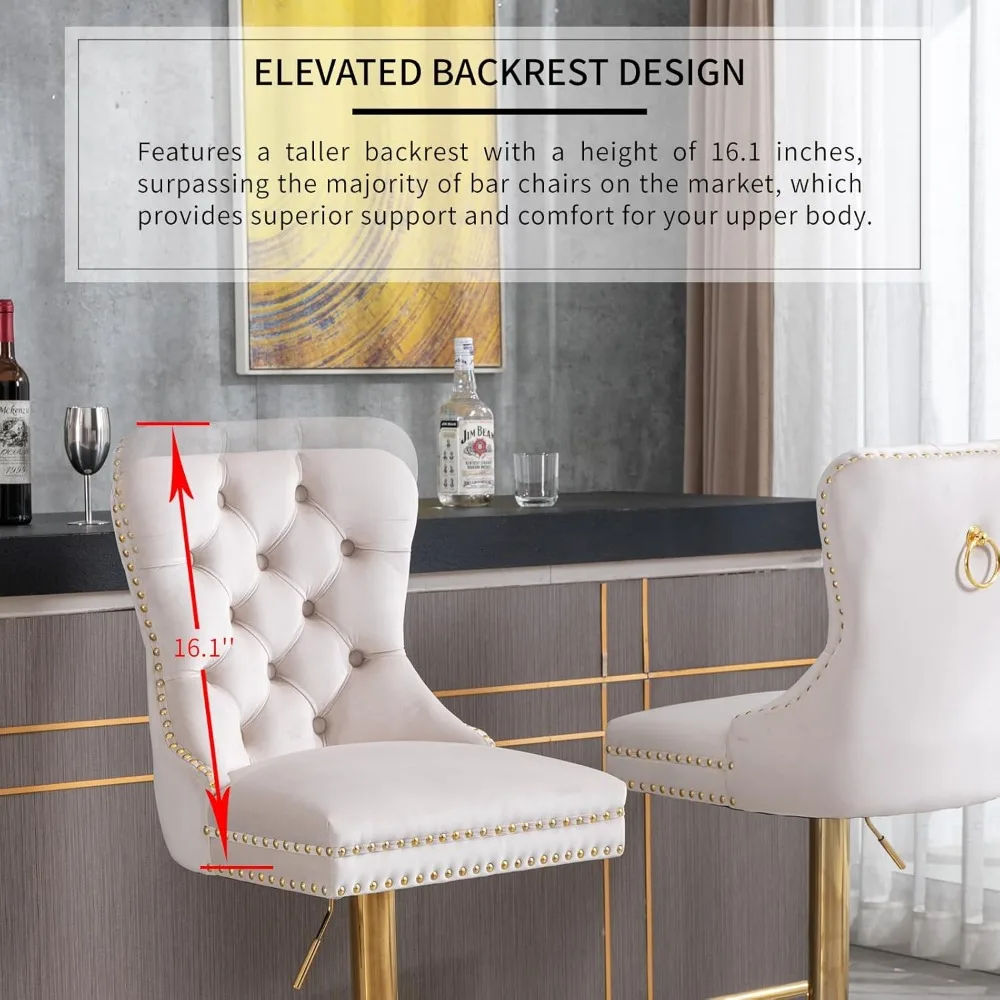 Beige Velvet Swivel Bar Stools Set of 4 with Upholstered Back, Adjustable Counter Height Barstools, Bar Chairs for Home Bar Kitc