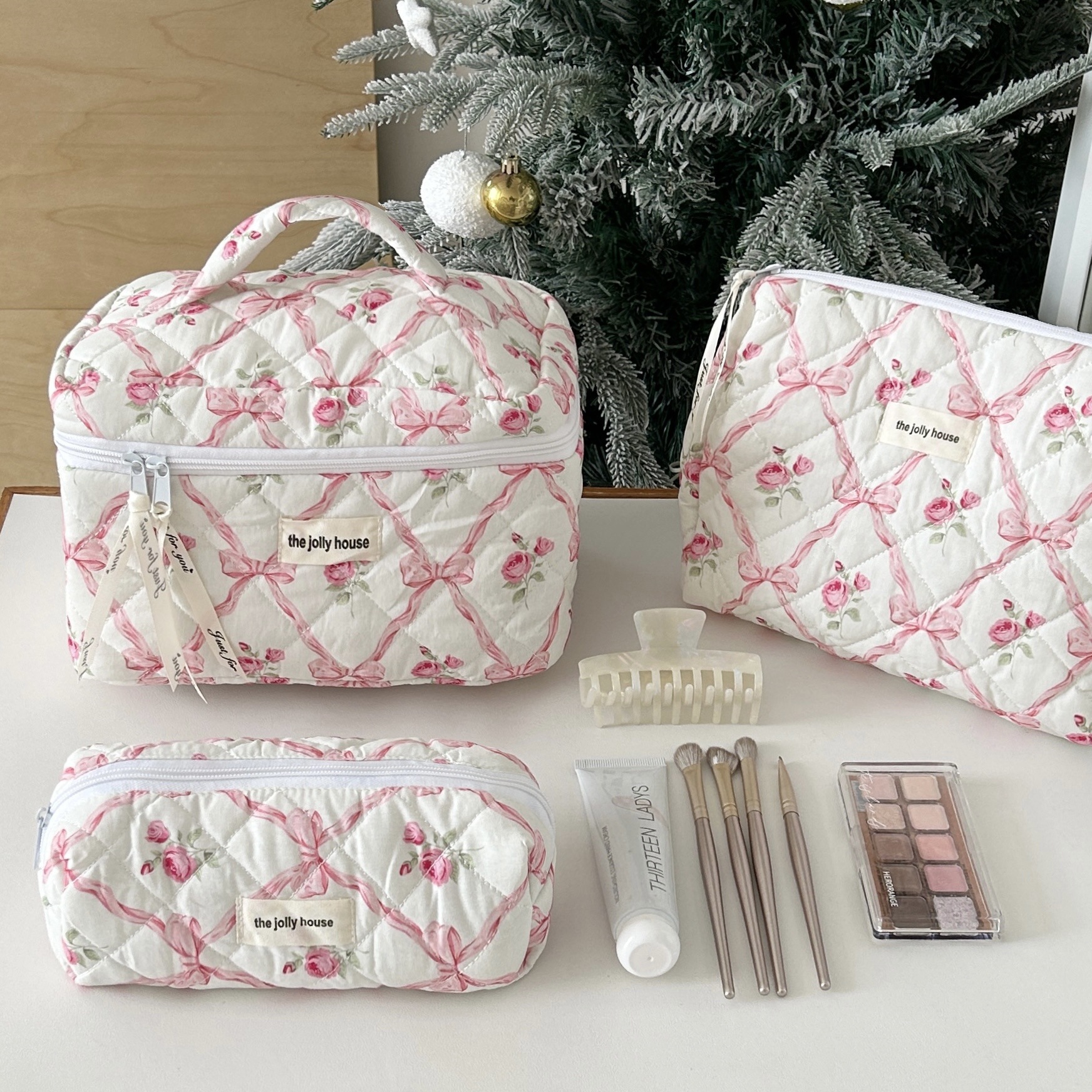 Cute Bow Flower Quilting Cotton Makeup Bag Women Zipper Cosmetic Organizer Female Cloth Handbag Portable Toiletry Case for Girls