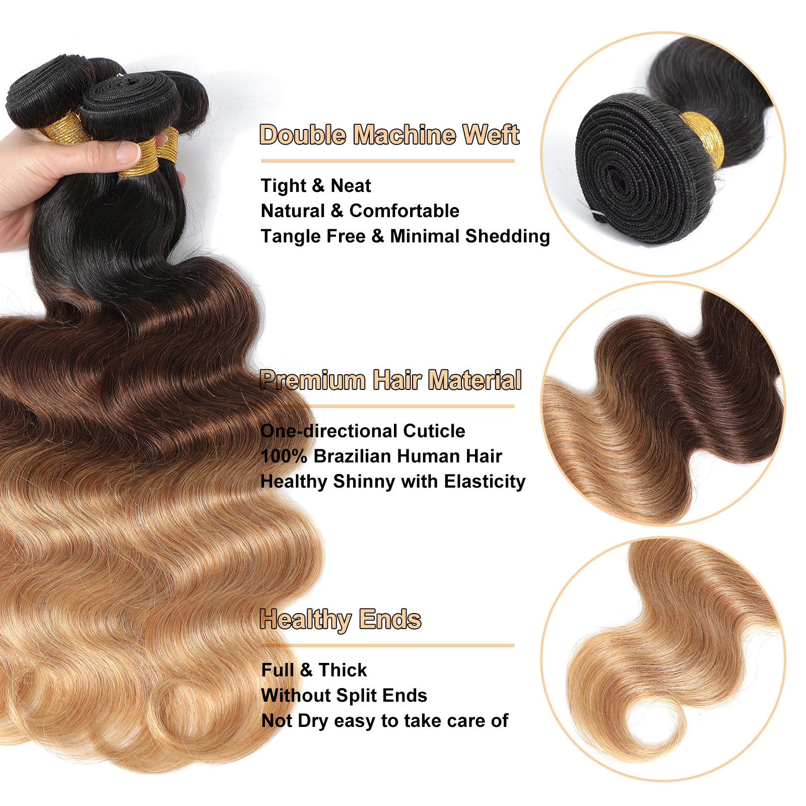 12A グレードオンブルバンドル人毛オンブル実体波 1/3/4 バンドル人毛 100% 未処理バージンブラジル人毛織り