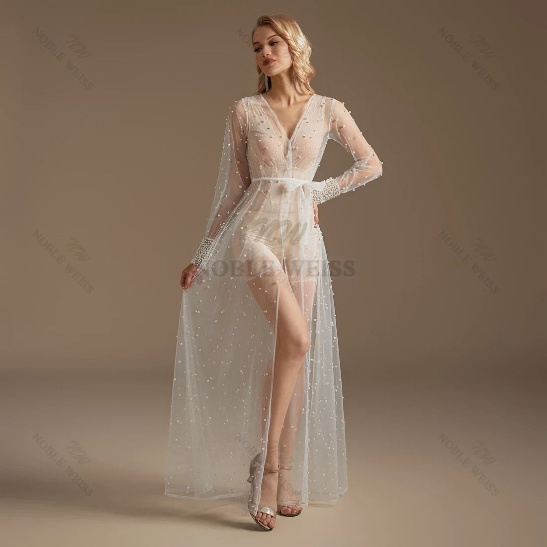 Parel Pols Lange Mouw Bruiloft Jas Tule Gewaad Partij Sjaal BOLERO Vloerlengte Bruids Cape Sexy Parels Lange Jas Aangepaste