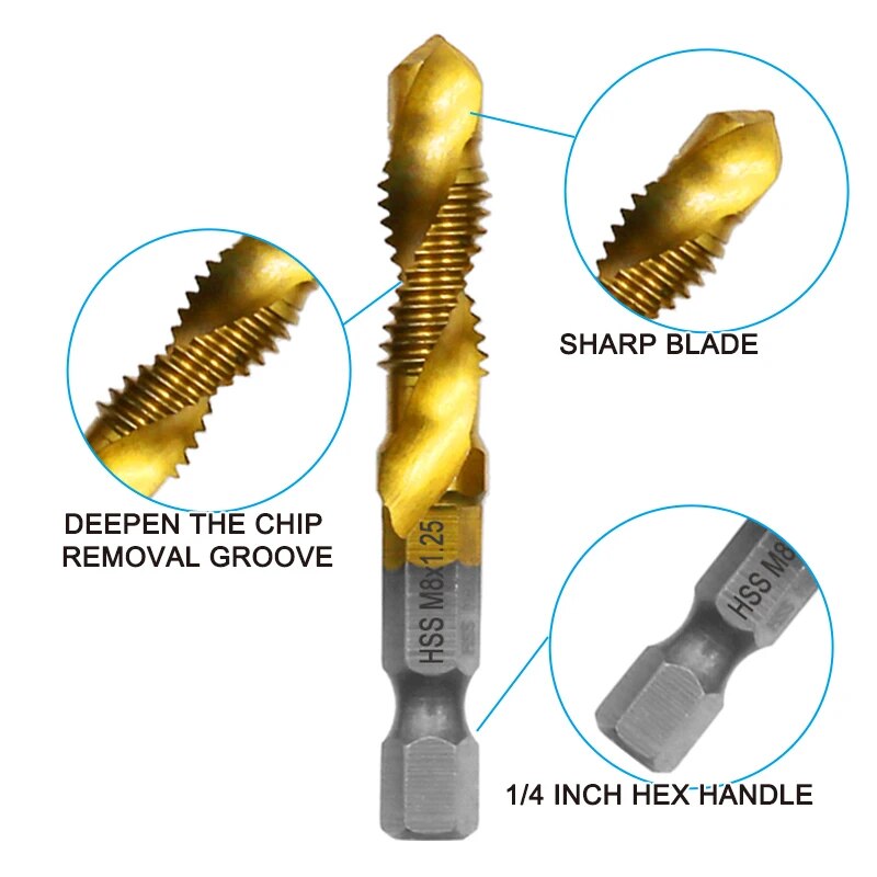 Titânio chapeado composto torneira broca, máquina integrada, aço de alta velocidade, abrir e chanfro conjunto de ferramentas, 6 pcs, 4341