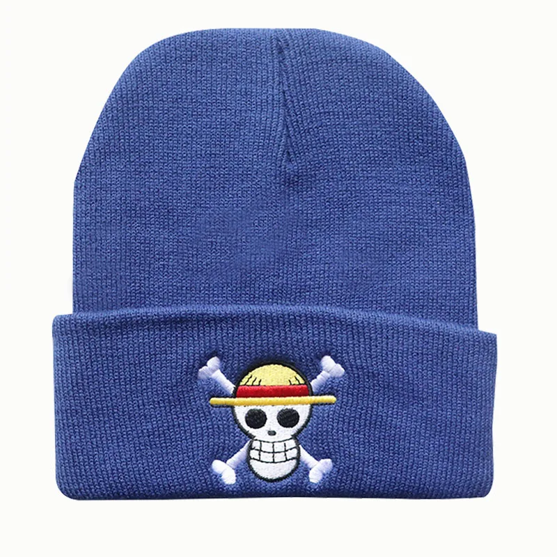 Nuevos gorros de una pieza para mujer, gorro cálido de otoño e invierno, gorros bordados de calavera de Anime Luffy para Cosplay, gorros tejidos Unisex, regalos