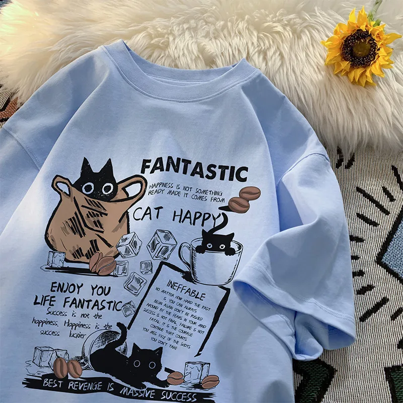 Nieuwe Mannen T-Shirt Pullover Oversized Koreaanse Versie Cartoon Cat Group Print T-Shirt Casual Korte Mouw Paren T-Shirt