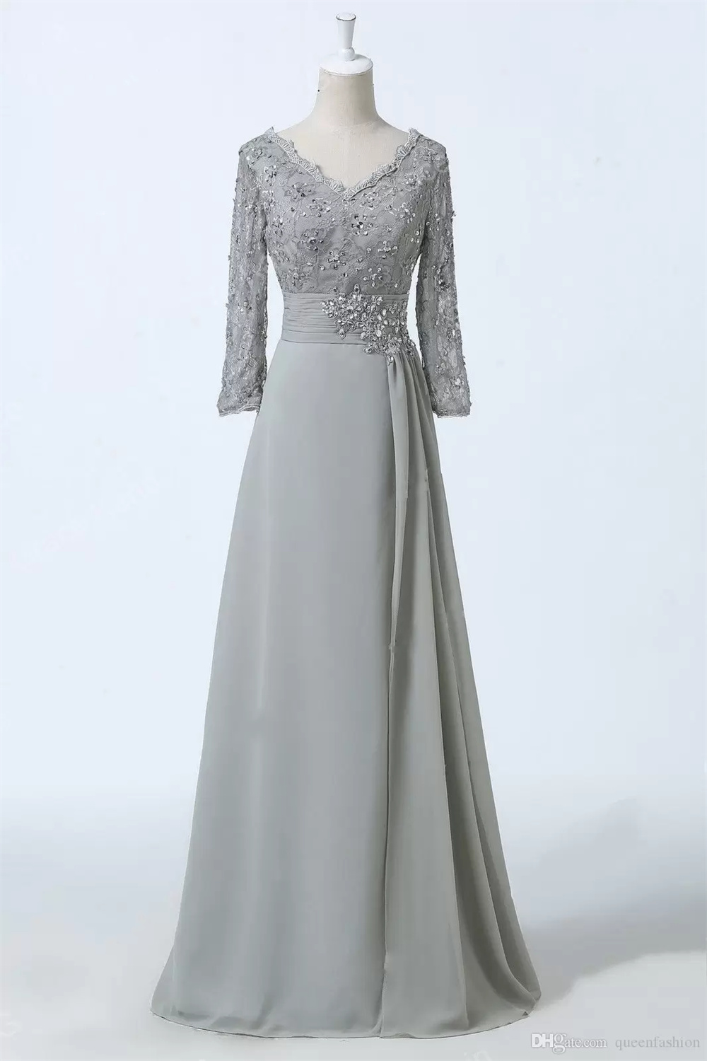 Personalizado Mulheres Evening Prom Party com mangas longas Chiffon V-Neck Wedding Guest Floor Length Low Back Mãe do vestido da noiva