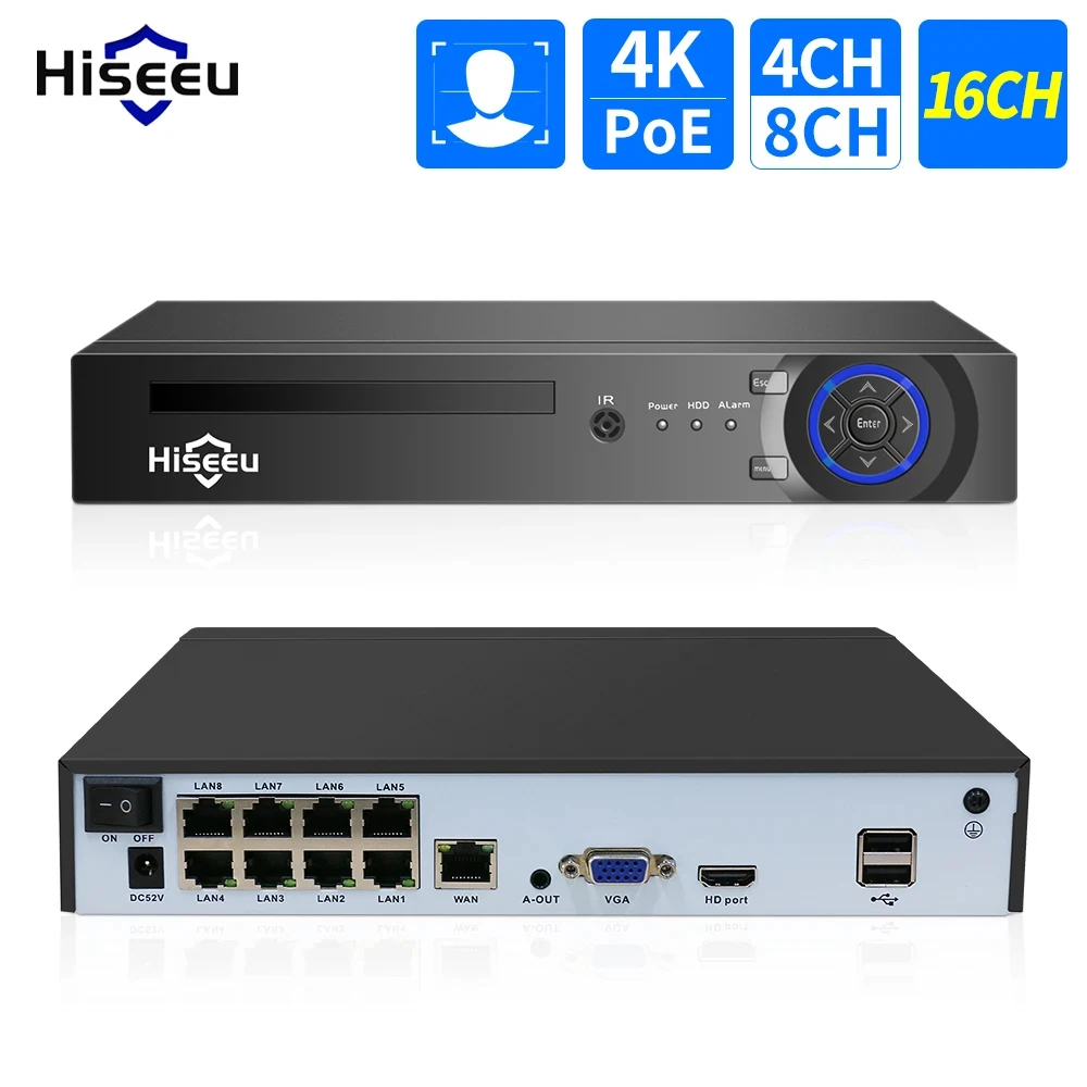 Hiseeu H.265 + 4CH 10CH 16CH POE NVR Cho IP Camera Giám Sát An Ninh Hệ Thống Camera Quan Sát 5MP 8MP 4K Âm Thanh đầu Ghi Hình Mặt Phát Hiện