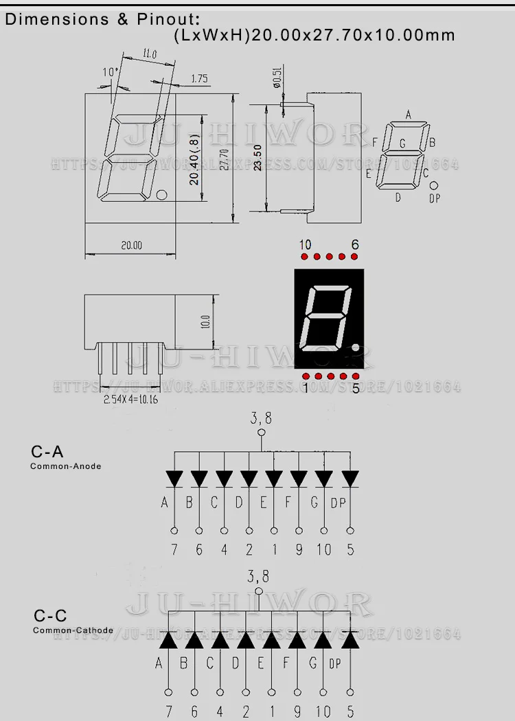 10 Stück 10 Pins 8106AS 8106BS 0,8 Zoll 1 Ziffern Bits 7 Segment Rote LED Digitalanzeige Digitron Gemeinsame Anode Kathode C-A C-C
