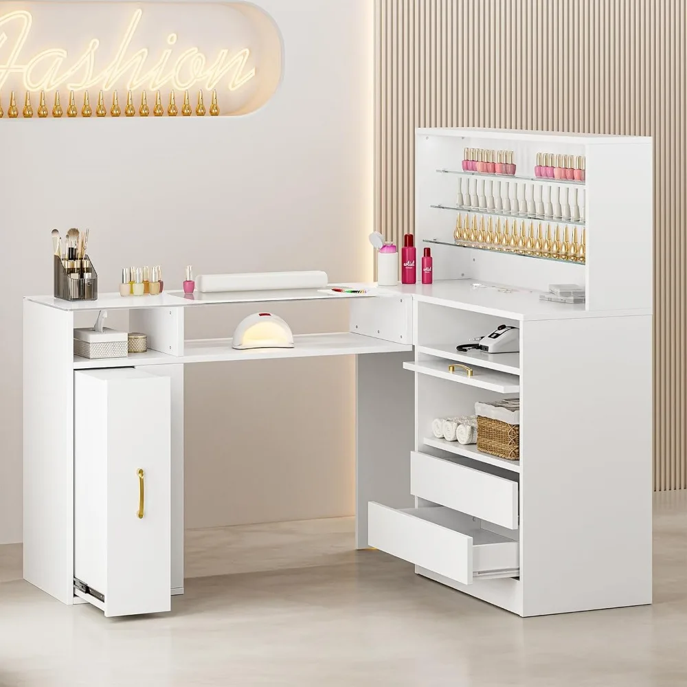 Manicure Table with LED Light, L-Shaped Glass Top Nail Tech Table w/2 Storage Shelves, Upwards Cabinet Door