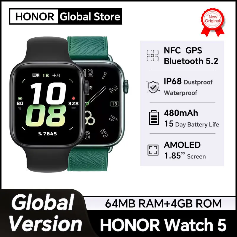 Nueva versión Global HONOR Watch 5 Smartwatch 1,85 ''Pantalla AMOLED 480mAh Batería Bluetooth 5,2 IP68 a prueba de polvo impermeable NFC GPS