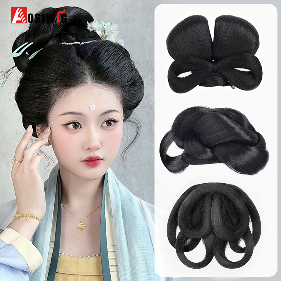 Disfraz antiguo de Hanfu sintético, moño de una pieza, estilo Ming, estilo Tang Song, diadema, diseño adecuado para uso diario, peluca