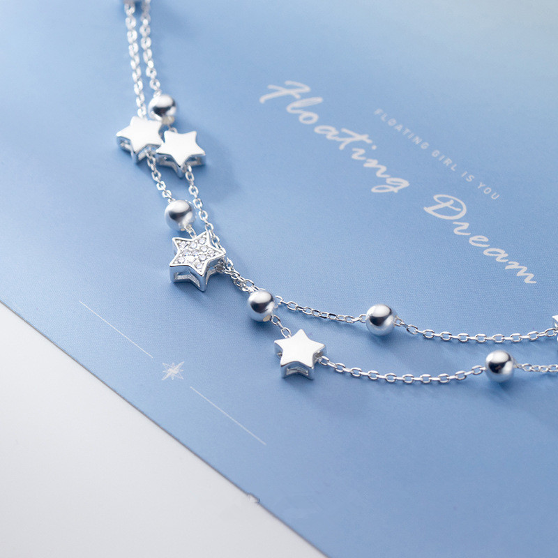 Ventfille 925 selo prata cor estrela pulseira moda coreano estrelas de cinco pontas cristal pulseira dupla dropshipping atacado