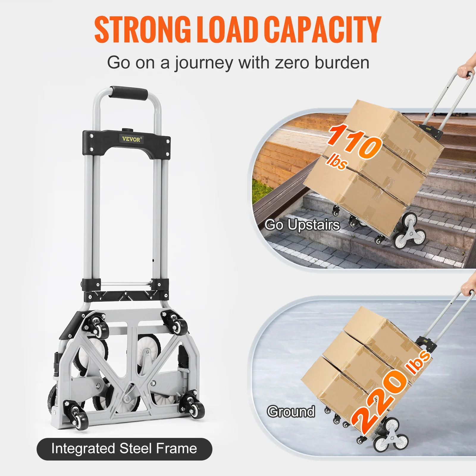 VEVOR Carrello Portaspesa in Acciaio Alluminio Capacità Carico Max. 100kg Manico Regolabile, Carrello con Ruote per Salire le Scale Dimensioni di Bagaglio 39 x 27 cm, Carrello per Scale Porta Oggetto