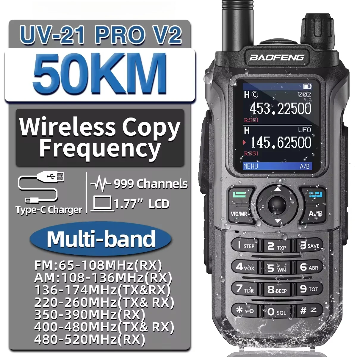 UV-21 Pro V2 Draadloze kopieerfrequentie Mutli-band Krachtige waterdichte lange afstand UV-5R Lange afstand Type-C tweeweg hamradio