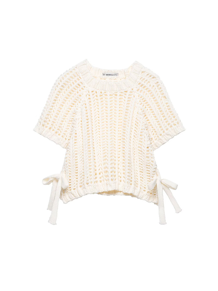 Koekop Damesmode Effen Kleur Skelet Gebreide Korte Top Vintage Casual Temperament Stropdas Decoratie Chique Dame Top